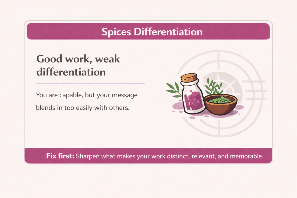 Pink Marketing Plate card about differentiation showing the message “Good work, weak differentiation” and a fix to sharpen what makes the work distinct, relevant, and memorable.